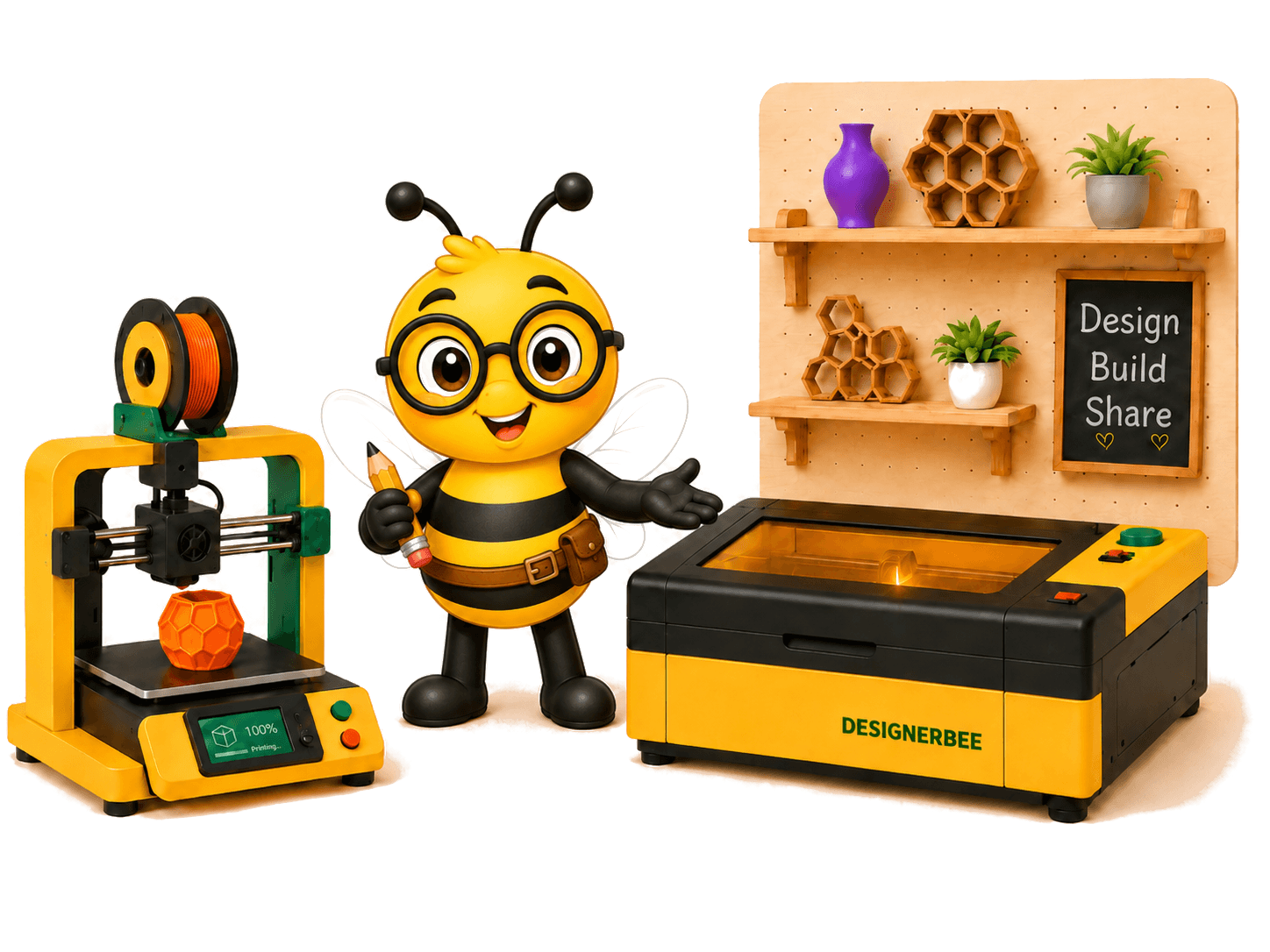 Designer Bee mascot in a workshop with a 3D printer and laser cutter